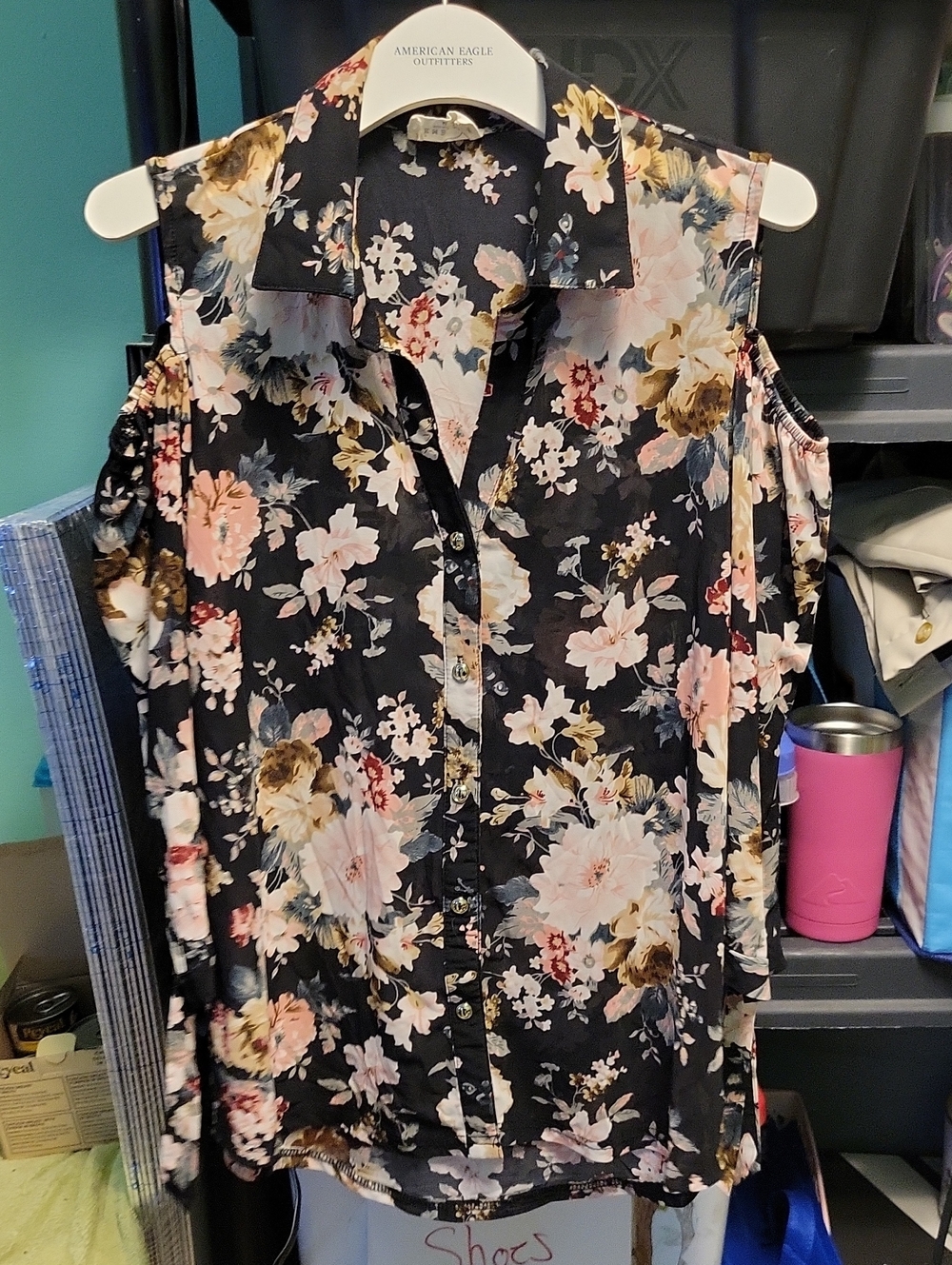 Floral Cold-Shoulder Button-Down Shirt - Black